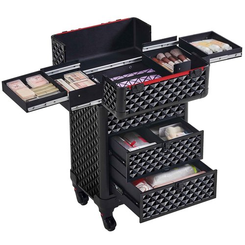 Yaheetech Rolling Makeup Train Case with Drawers Professional Nail Tech Travel Case Cosmetics Storage Organizer Beauty/Nail Art/Hair Styling Travelling Cart Trunk Black