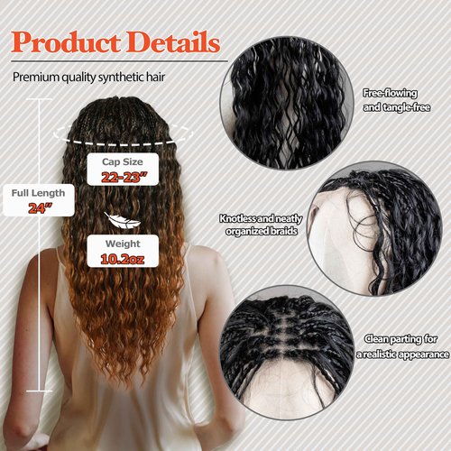 RAHELMO Single Full Lace Braid Wig – Micro Boho Peruvian Deep Wave Box Braided Wig, Knotless Braided Wigs for Black Women, Curly Hair Wig, with Natural Baby Hair (#1B27 Off Black and Light Brown, 24")