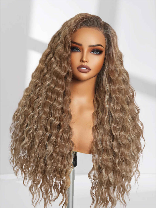 GORGIUS Balayage Highlight Ocean Wave Lace Front Wigs Pre Cut Glueless Side Part Synthetic Long Wig 28 Inch