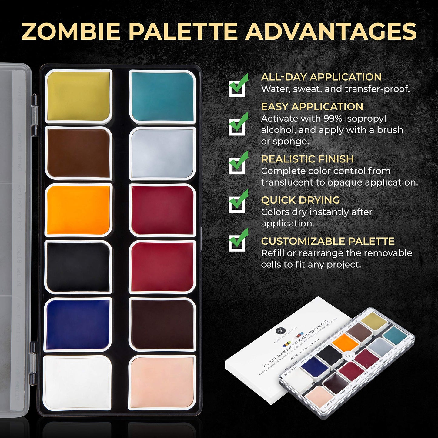 Narrative Cosmetics Zombie Alcohol-Activated Palette, Activator, and Remover Kit, Professional SFX Makeup Set