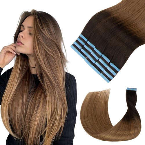 Lveyan Tape in Hair Extensions Human Hair, 20 Inch 20pcs Hair Extensions Real Human Hair Dark Brown to Chestnut Brown Invisible Tape in Hair Extensions for Women (#T2/6, 20 Inch)