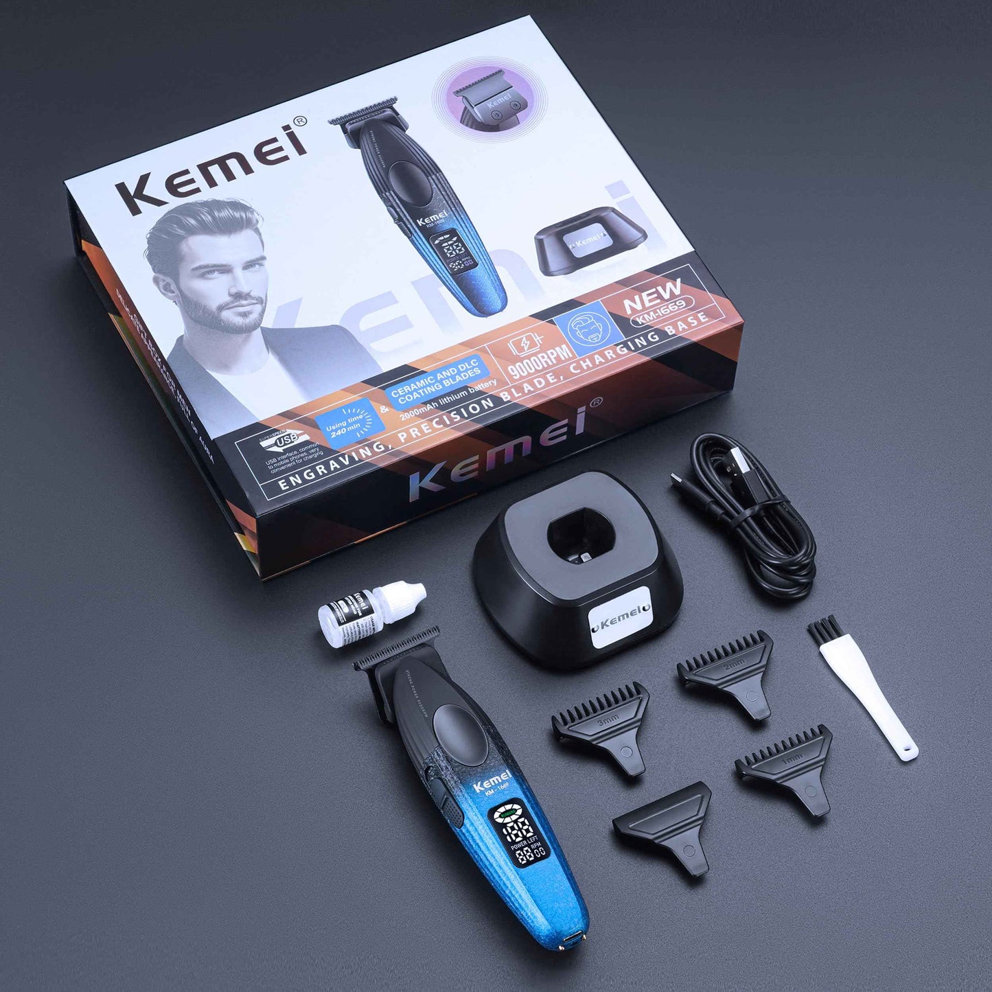 KEMEI 1669 Beard Trimmer for Men, Cordless Hair Trimmers with LED Display, 9000 RPM Hair Clippers for Barber with Charging Base, DLC Coated T-Blade