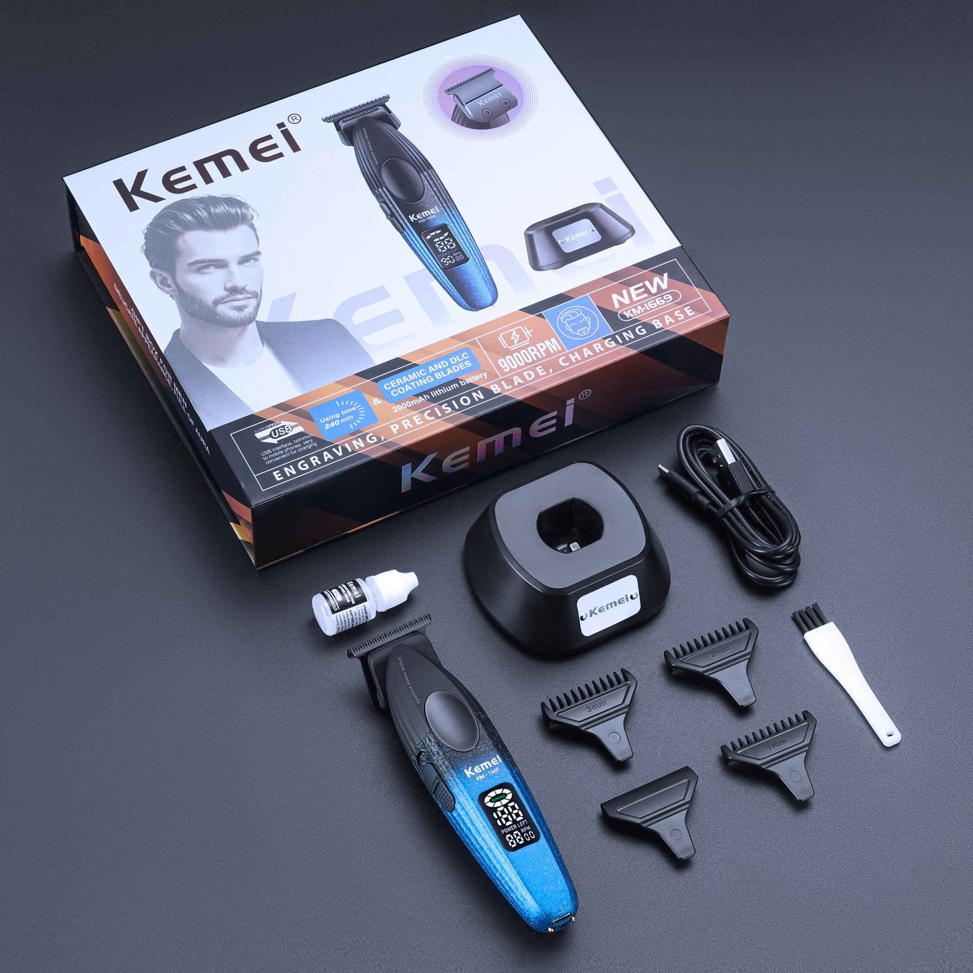 KEMEI 1669 Beard Trimmer for Men, Cordless Hair Trimmers with LED Display, 9000 RPM Hair Clippers for Barber with Charging Base, DLC Coated T-Blade