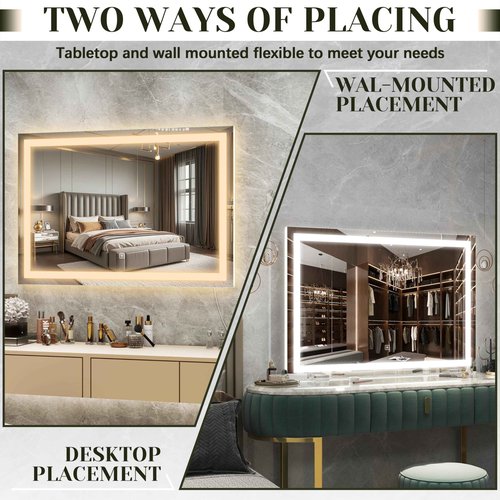 ROLOVE 32x 22 Inch Large Lighted Vanity Mirror with Dimmable 3 Modes, LED Makeup Mirror for Bathroom ＆ Dressing Room, Tabletop or Wall-Mounted, White