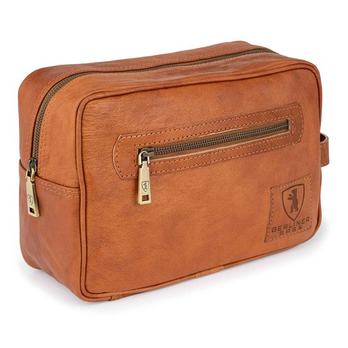 BERLINER BAGS Vintage Genuine Leather Toiletry Bag Paul, Large Capacity Cosmetics Bag for Men and Women for Travel - Brown (1 Compartment)