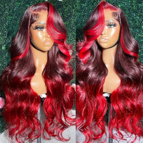 YMS Ombre Red HD Lace Front Wigs Human Hair 180% Density Highlight Human Hair Wigs for Women Skunk Stripe Glueless Wig Pre Plucked 14 Inch Black and Red Colored 13x4 Lace Frontal Wig