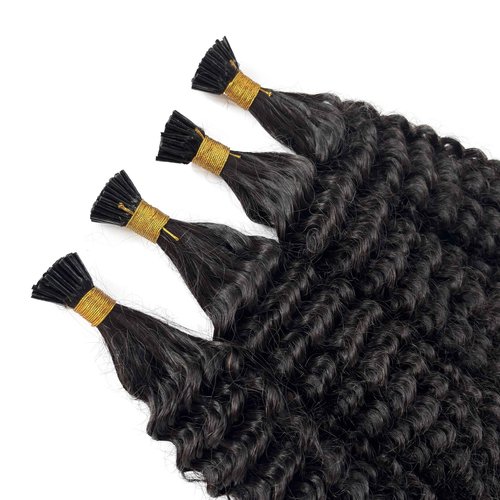 Itip Hair Extensions Real Human Hair Long Curly I Tip Extensions 24 Inch 50g 50s, #1B Natural Black Cold Fusion I Tip Hair Extension Burmese Human Hair Kinky Curly I Tips for Black Women