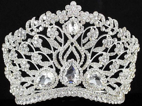 Janefashions Large Floral Clear White Austrian Rhinestone Crystal Tiara Crown With Hair Comb Headband Veil Headpiece Beauty Queen Princess Pageant Theater Show Bridal Gold Plated Silver Plated T901 (Silver Plated)