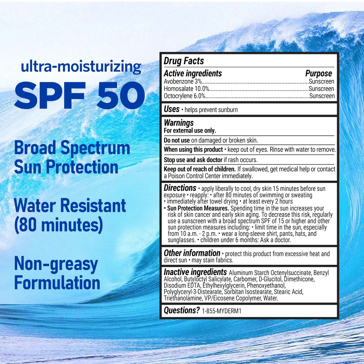 MyDerm Ultra-moisturizing SPF 50 Sport Sunscreen Lotion, Free from Octisalate, Oxybenzone, Octinoxate and Parabens, Hawaii 104 Reef Act Compliant, 128 oz (1 Gallon), Broad Spectrum UVA/UVB Protection