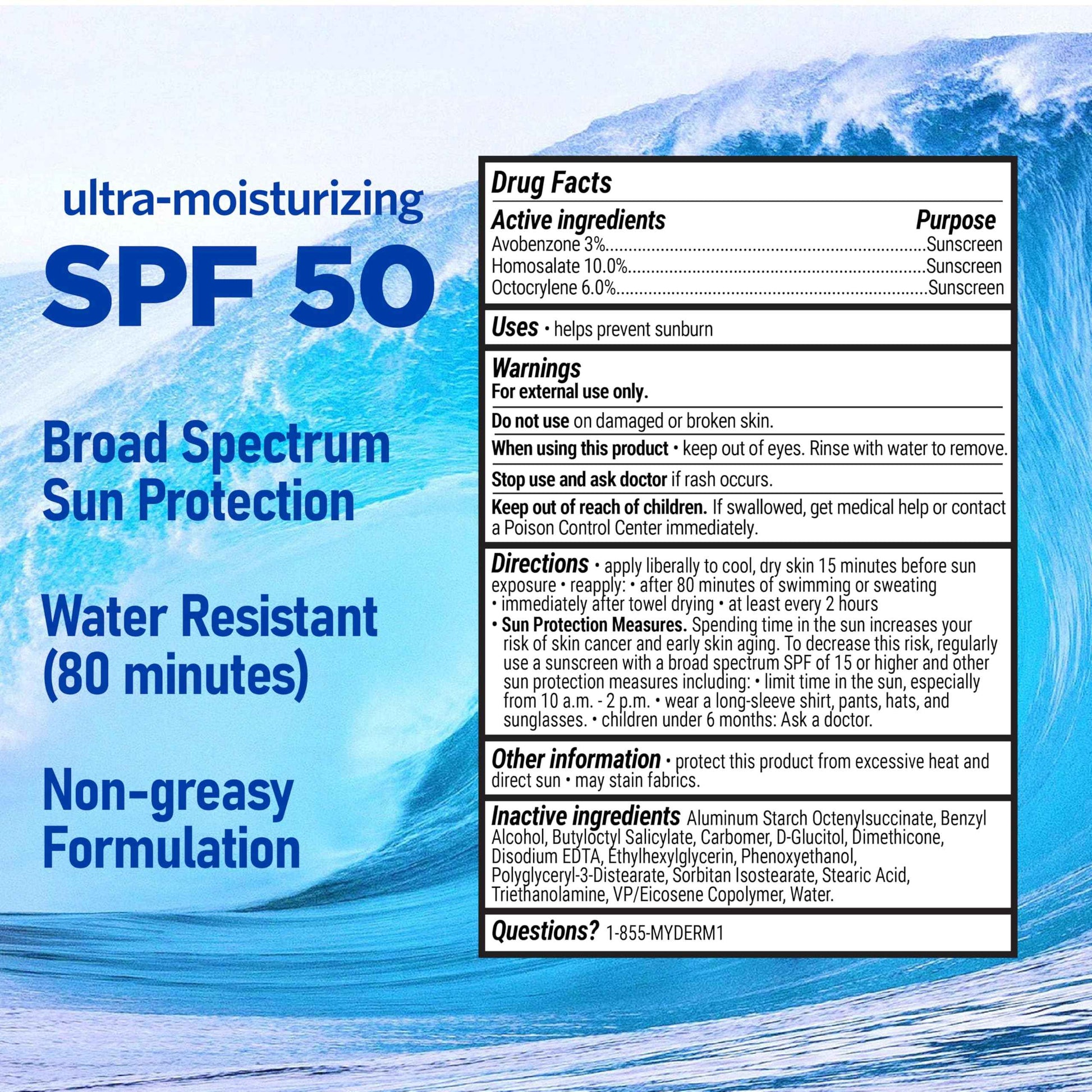 MyDerm Ultra-moisturizing SPF 50 Sport Sunscreen Lotion, Free from Octisalate, Oxybenzone, Octinoxate and Parabens, Hawaii 104 Reef Act Compliant, 128 oz (1 Gallon), Broad Spectrum UVA/UVB Protection