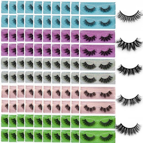 Wholesale Lashes, 3D Faux Mink Eyelash Bulk, 18mm Handmade Reusable Eye Lash, 5 Styles Dramatic Fluffy False Lash with Glitter Portable Packing (Fluffy 5 styles-100 pairs)
