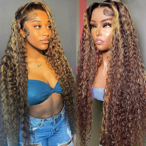 Nervoss 22 Inch Highlight Ombre Deep Wave Honey Blonde Lace Front Wigs Human Hair Pre Plucked 13X6 Transparent HD Lace Front Wigs Human Hair for Women 180% Density Curly Wig Blonde Wig