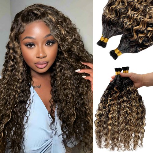 Curly I Tip Hair Extensions, Highlights I Tip Human Hair Extensions Natural Black Highlight Honey Blonde Human Hair Water Wave I Tip Extension Remy Human Hair Add Volume and length 28Inch 50g 1g/s