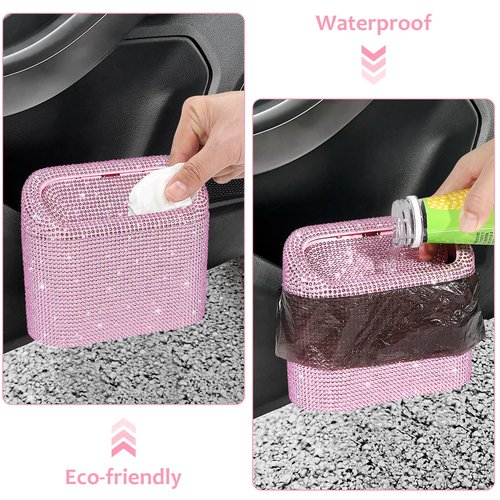 Accmor Bling Car Trash Can with Lid, Leak-Proof Mini Vehicle Trash Bin Automotive Dustbin Organizer Storage, Sparkling Crystal Trash Bag Container with 30pcs Garbage Bags for Car, Home, Office (Pink)