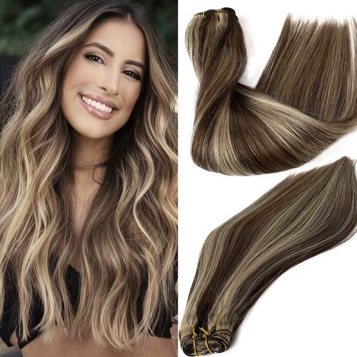 Blonde Highlights Sew in Human Hair Extensions Full Head Weft Extensions 22 Inch 120gram Thick End Sew in Weft Hair Silky Straight Brown with Blonde Highlight Remy Hair Balayage Bundles for Women
