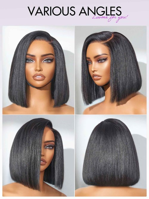LUVME HAIR Bob Wig 100% Human Hair Wigs Glueless Lace Front 200% Density 10 Inches Bob, Pre Cut Plucked Lace Short Wig Ready To Go Natural Color Straight Bleached Knots Side Part Black Wigs
