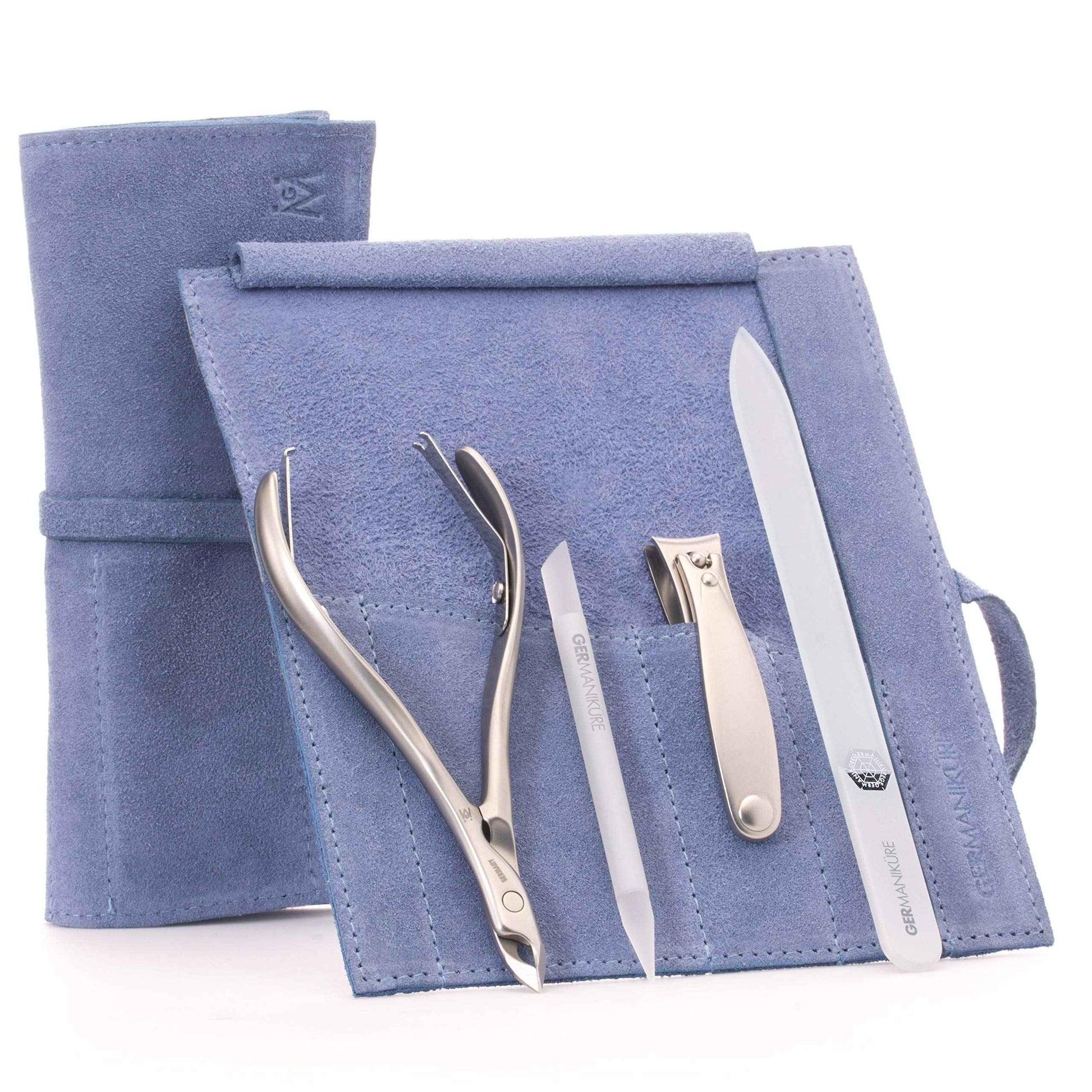GERMANIKURE 4pc Manicure Set in Light Blue Suede Case - FINOX Stainless Steel Tools Made in Germany, Glass Nail Care Supplies Made in Czech Republic – Professional Cuticle and Nail Care Kit