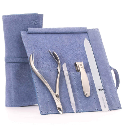 GERMANIKURE 4pc Manicure Set in Light Blue Suede Case - FINOX Stainless Steel Tools Made in Germany, Glass Nail Care Supplies Made in Czech Republic – Professional Cuticle and Nail Care Kit