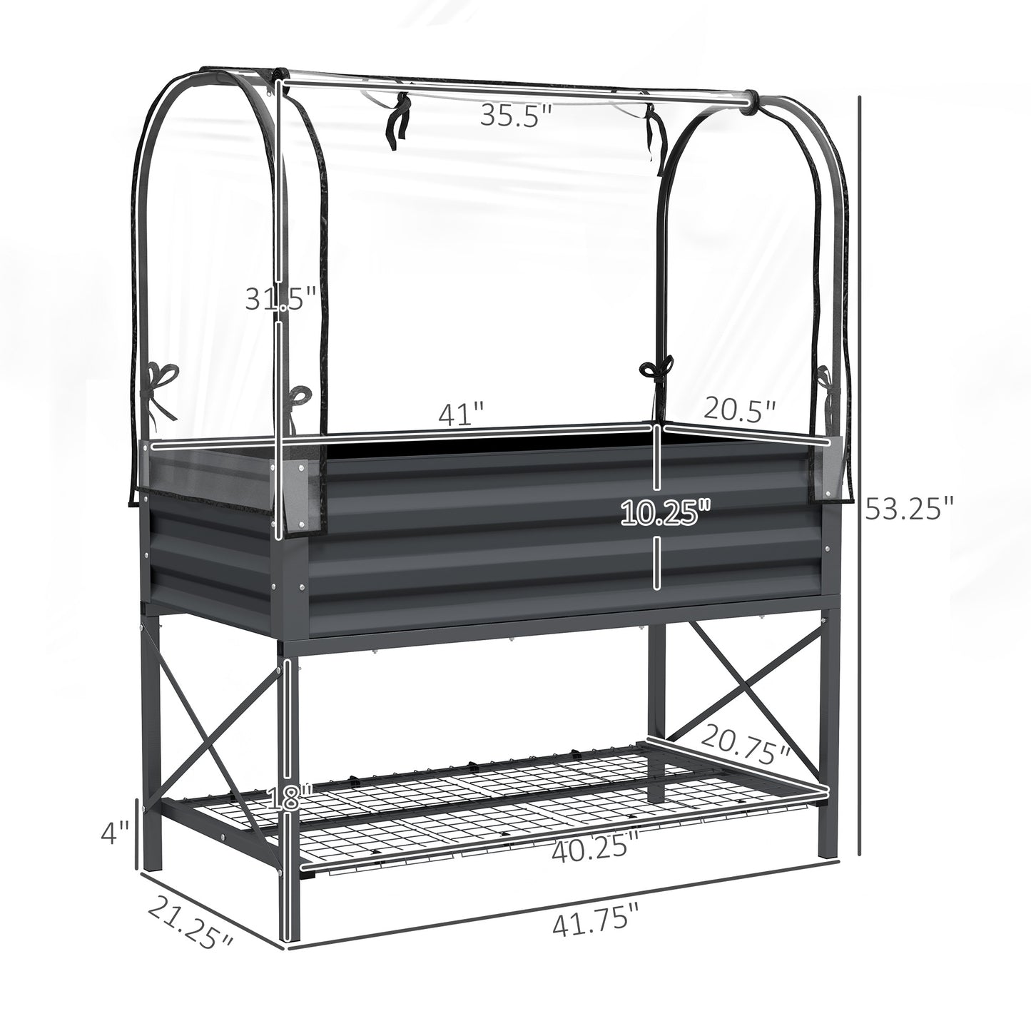 Raised Garden Bed with Cover and Legs - Metal Elevated Planter with Shelf - Dark Gray 1180x370x95mm