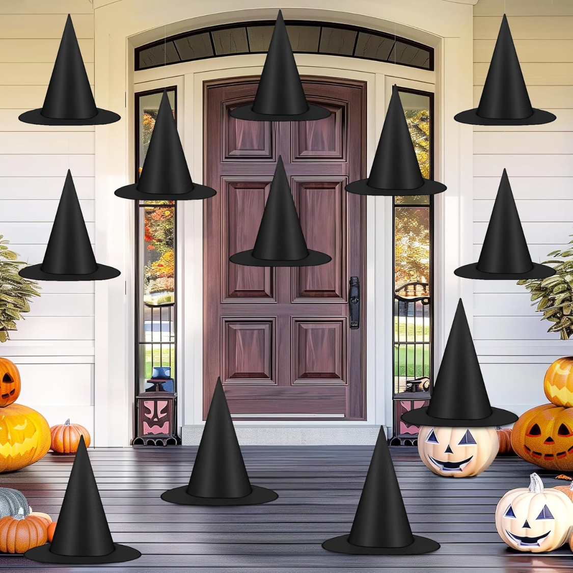 12 PCS Black Hanging Witch Hats for Halloween Decor