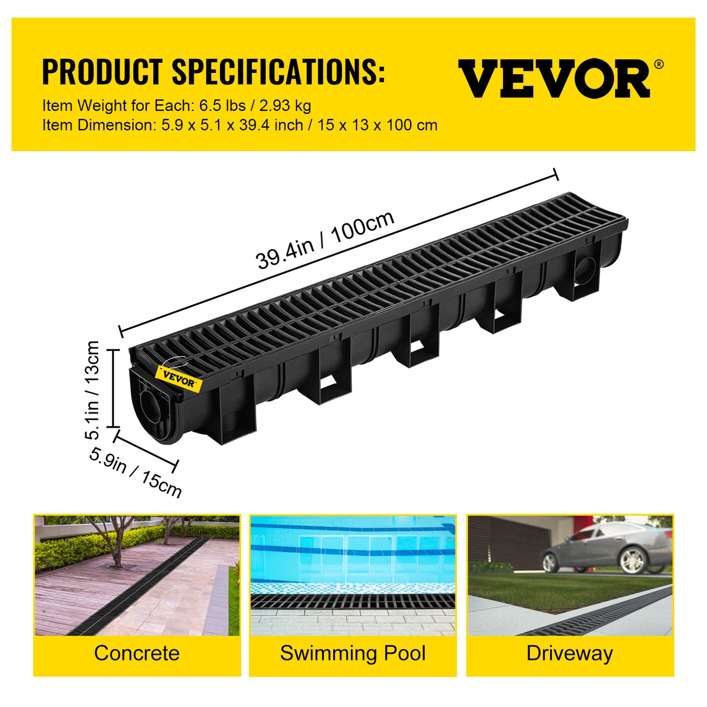 Garden Trench Drain System with Plastic Grate 6 Pack - Black 5.9x5.1 Inch HDPE Drainage Channel for Driveway & Garden