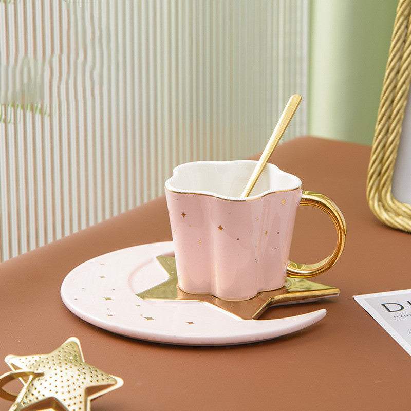 Ceramic Cup Set with Star and Moon Saucer - 4 Colors