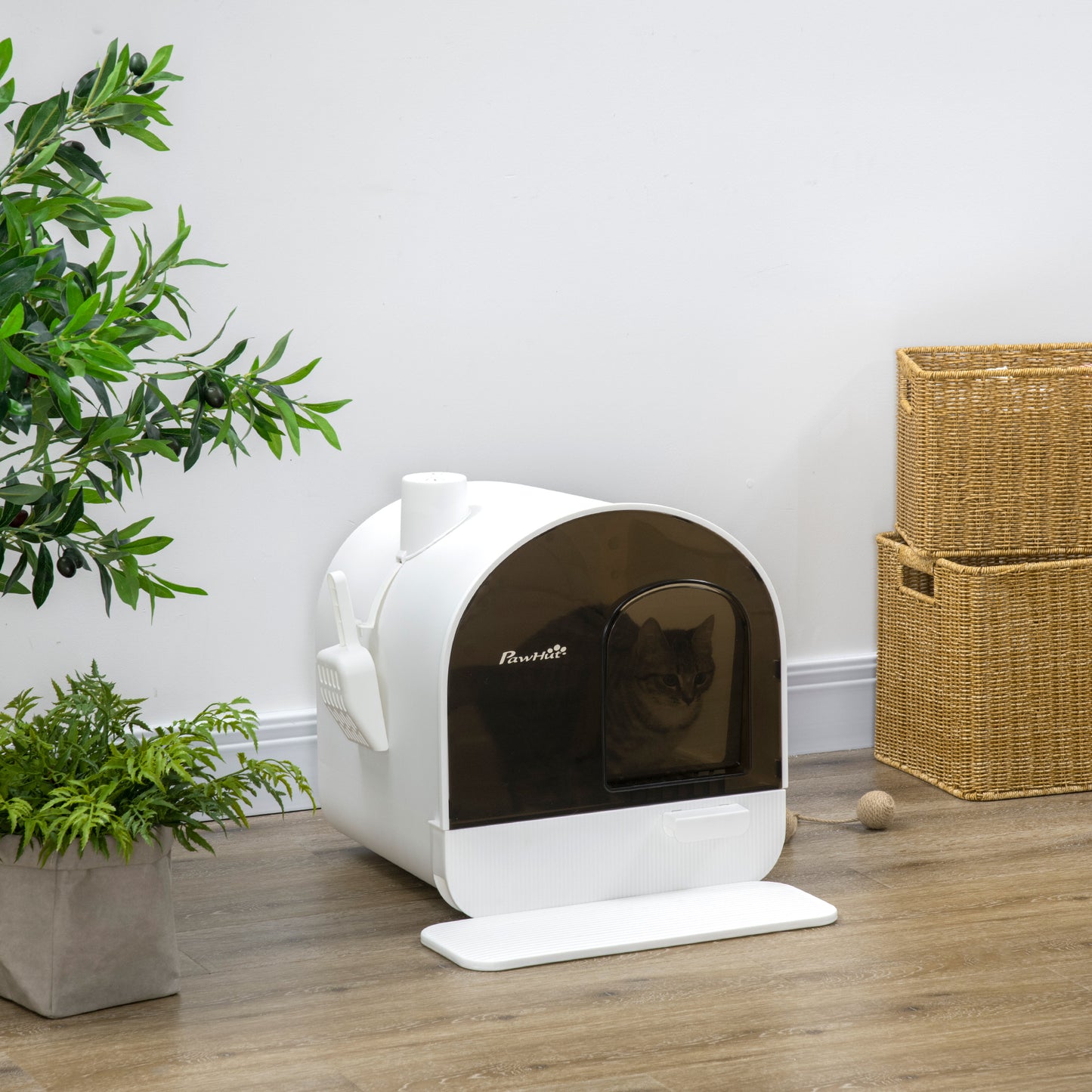 Hooded Cat Litter Box with Lid, Scoop & Filter - White, 475x455x460mm
