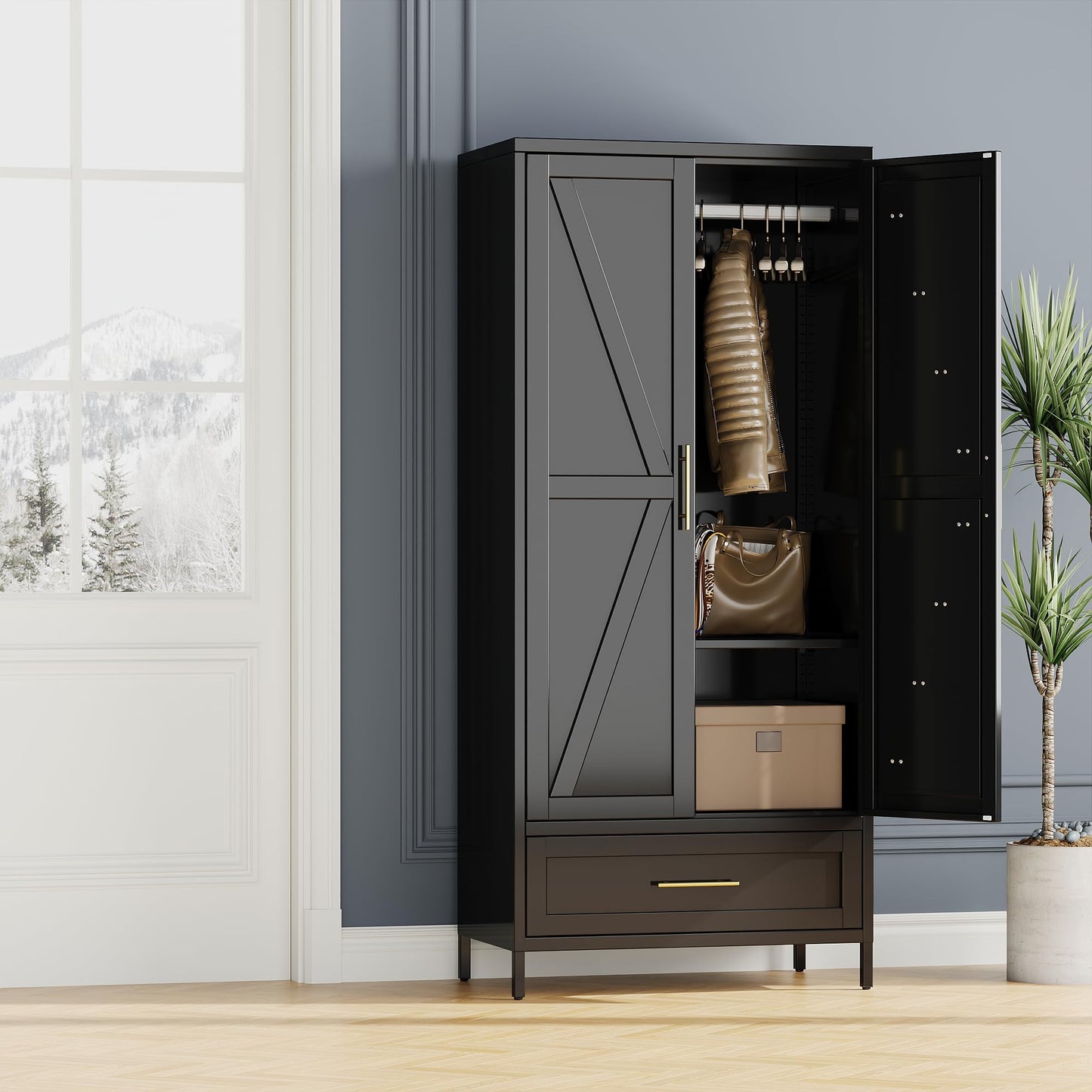 Metal Wardrobe Cabinet with Drawer - 71 Inch, Black