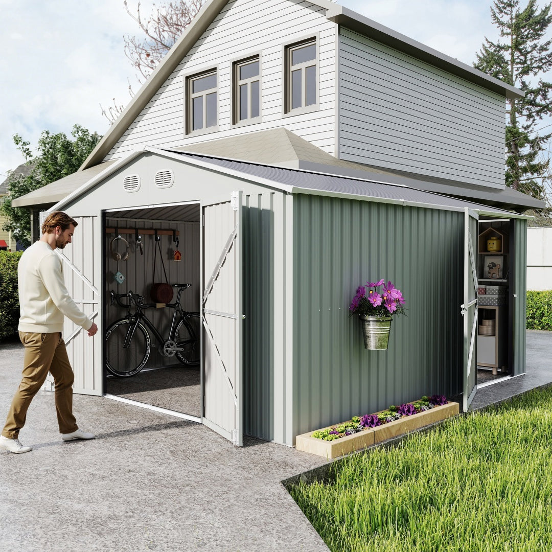 10x12 FT Outdoor Metal Storage Shed with Lockable Door - White