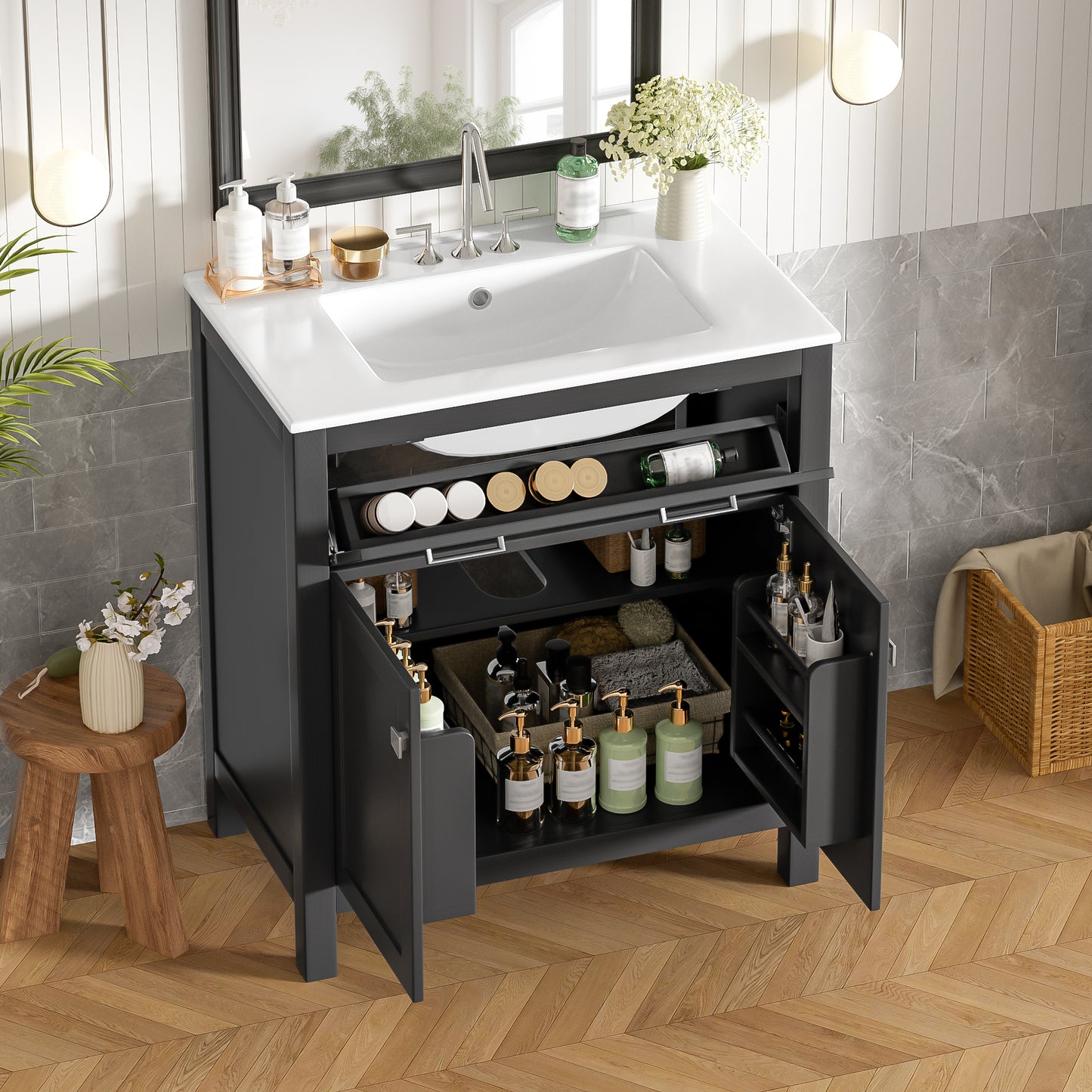 30" Black Bathroom Vanity with Ceramic Sink & Soft Close Doors