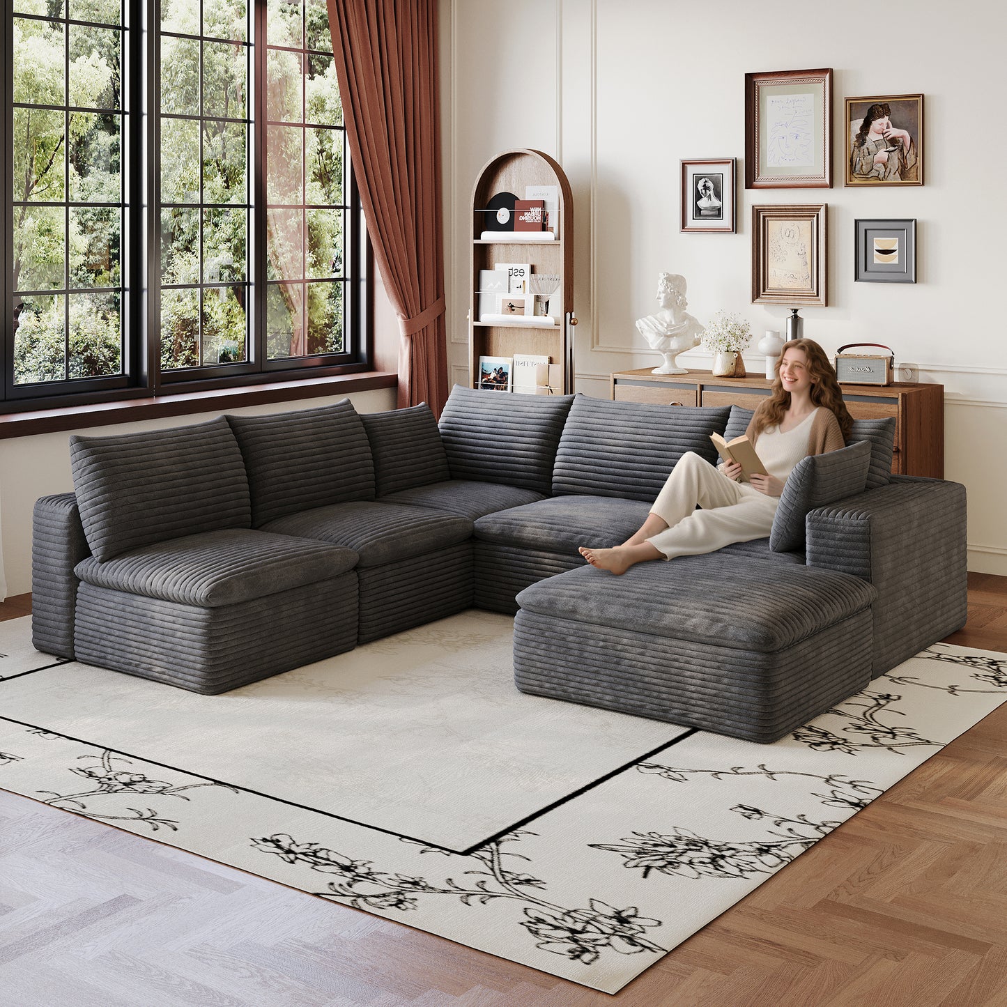 Cloud Sofa - 99x103" Dark Grey Corduroy Fabric, Deep Seat, DIY Modular Design