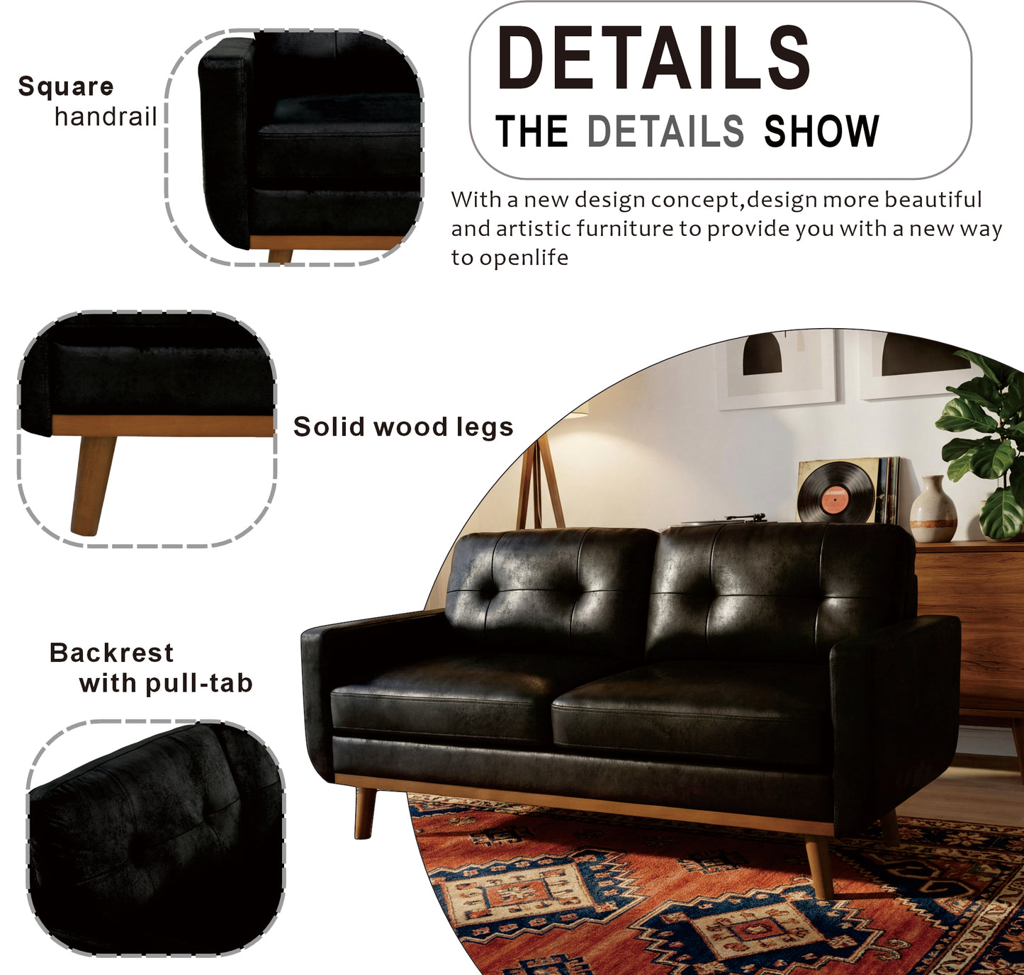 65-Inch Modern Minimalist Two-Seater Sofa - Black