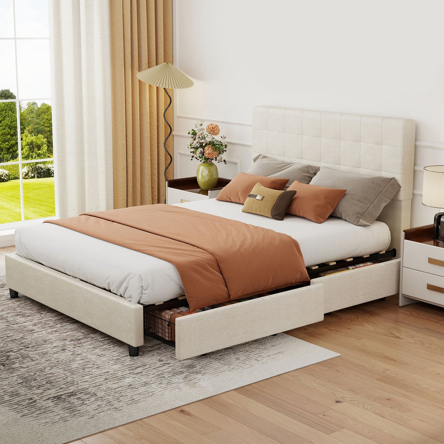 Bed Frame Upholstered Vertical Channel Headboard With 4 Storage