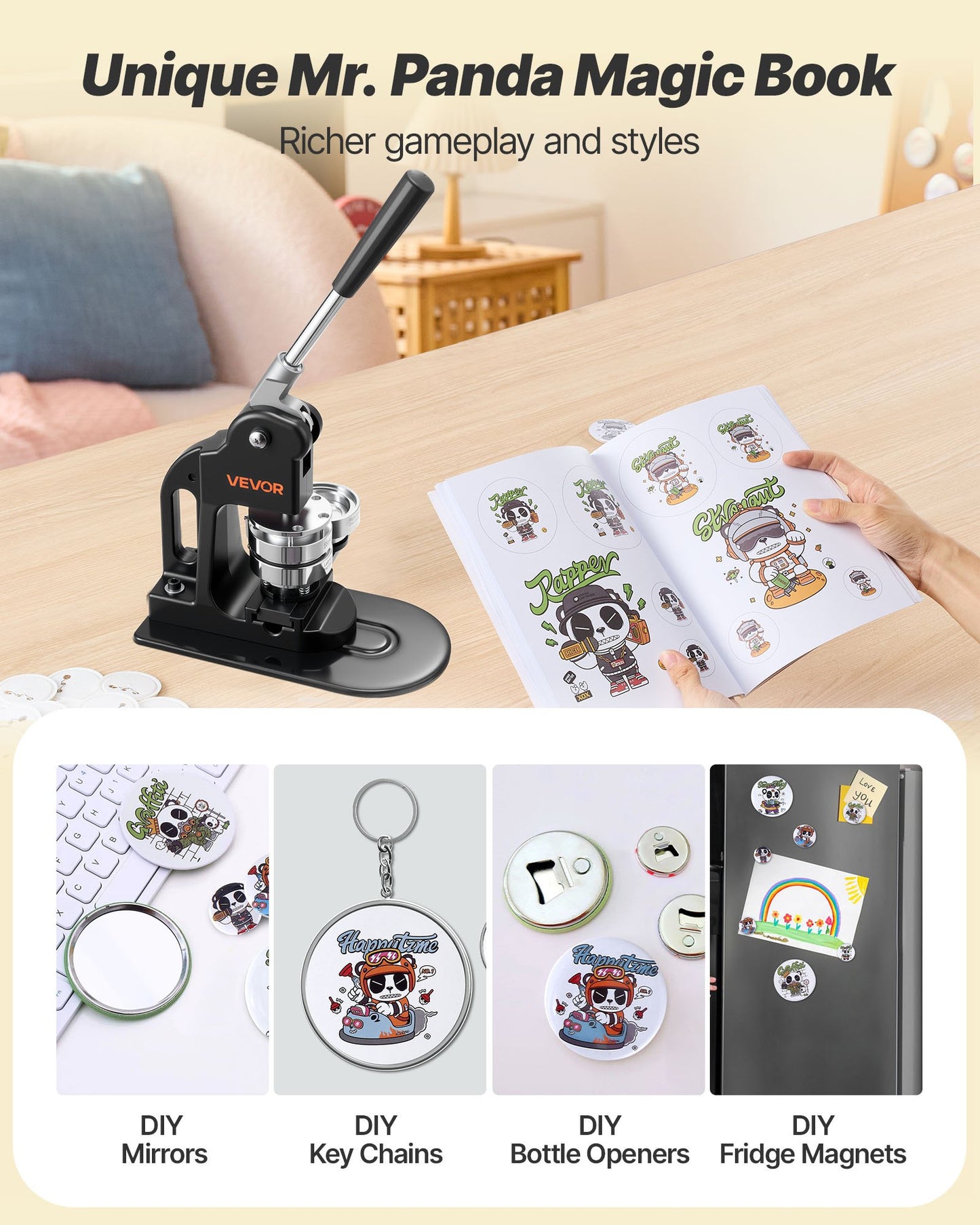 Button Maker Machine 2.25 Inch Kit with 500 Button Parts, Circle Cutter & Ergonomic Handle