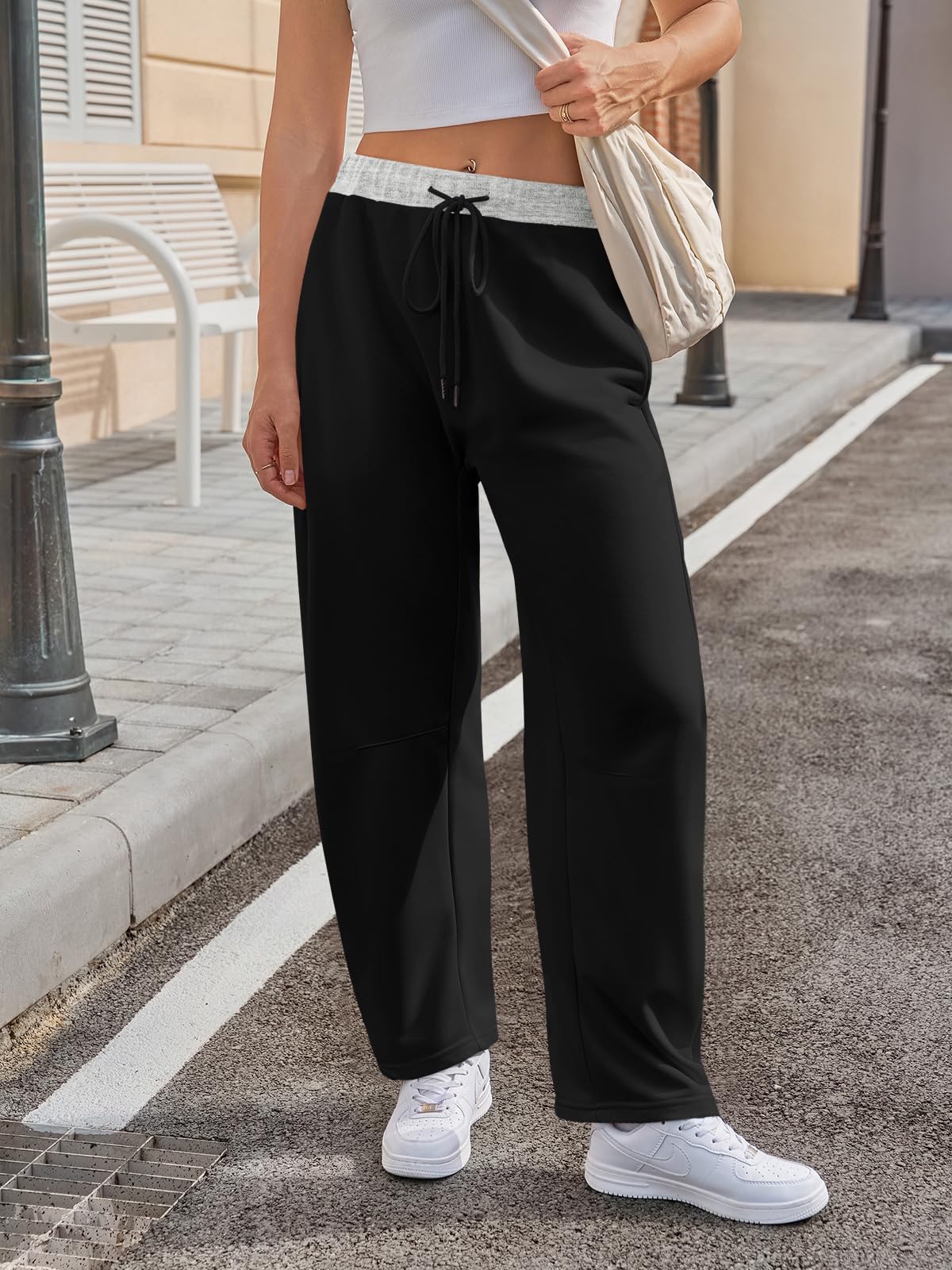 Wide Leg Sweatpants with Drawstring Waist and Pockets - Color Block