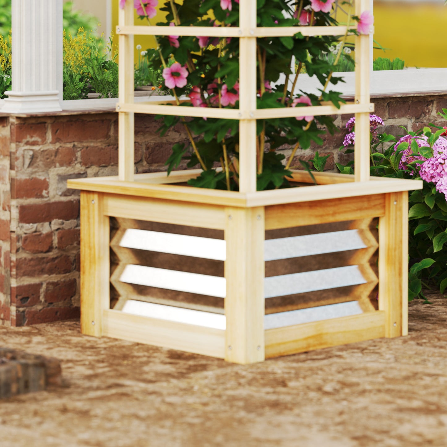 Wooden Raised Garden Bed with Trellis - Outdoor Vegetable Planter, 17.7x17.7x35.4 Inches