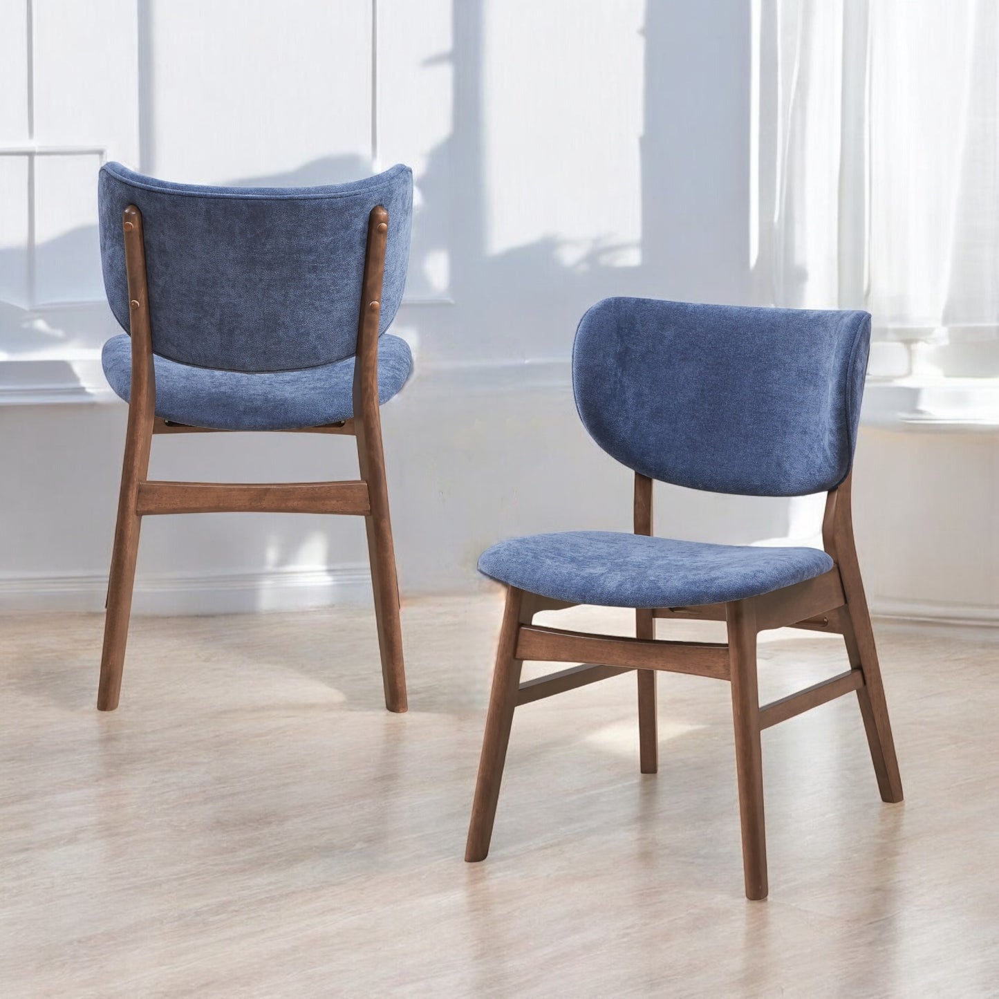 Bevis Blue Fabric Side Chair Set of 2 - Walnut Finish