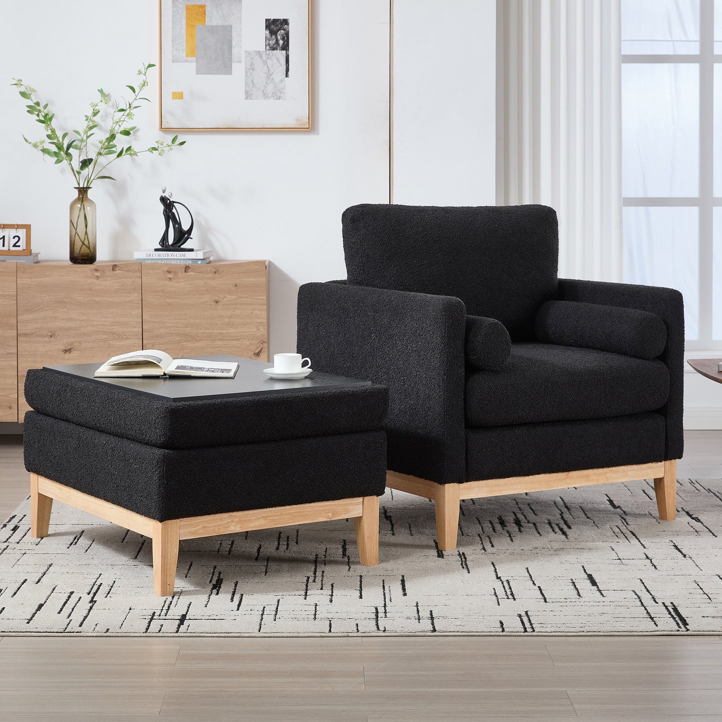 Farmhouse Upholstered Accent Arm Chair with Ottoman - Black Boucle