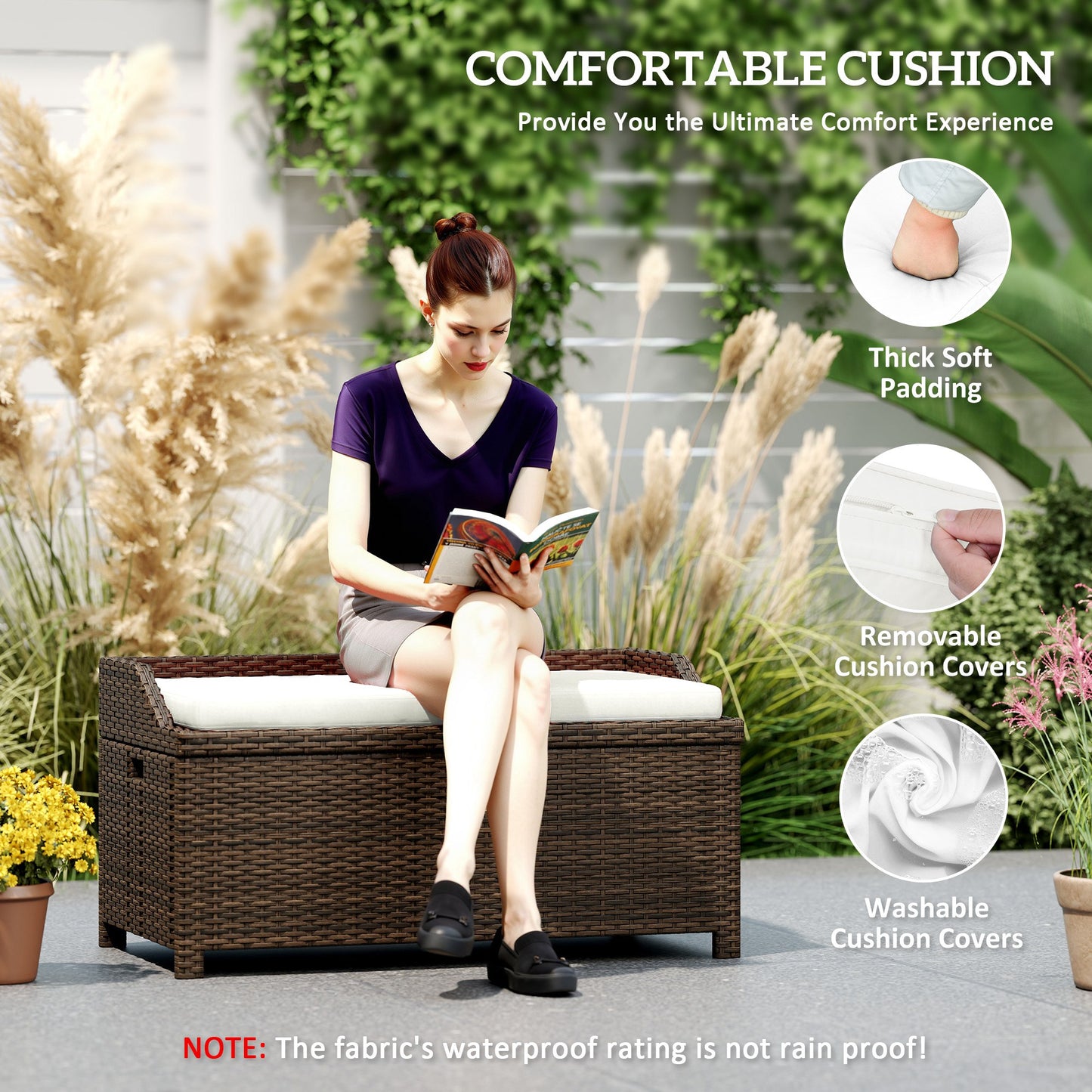 Outdoor Storage Bench with Cushion - Cream White, 2-in-1 Design