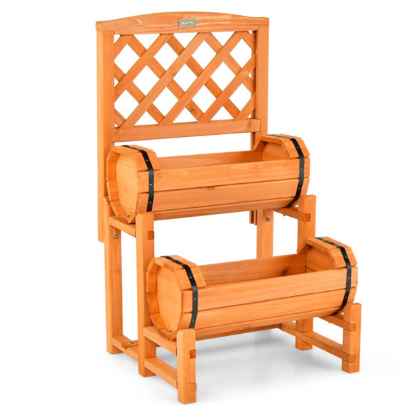 2-Tier Fir Wood Raised Garden Bed with Trellis - Outdoor Planter Box