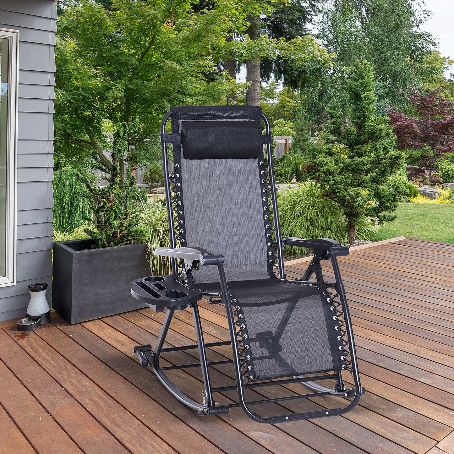 Zero Gravity Rocking Chair - Foldable Reclining Lounge with Pillow, Cup Holder, Black