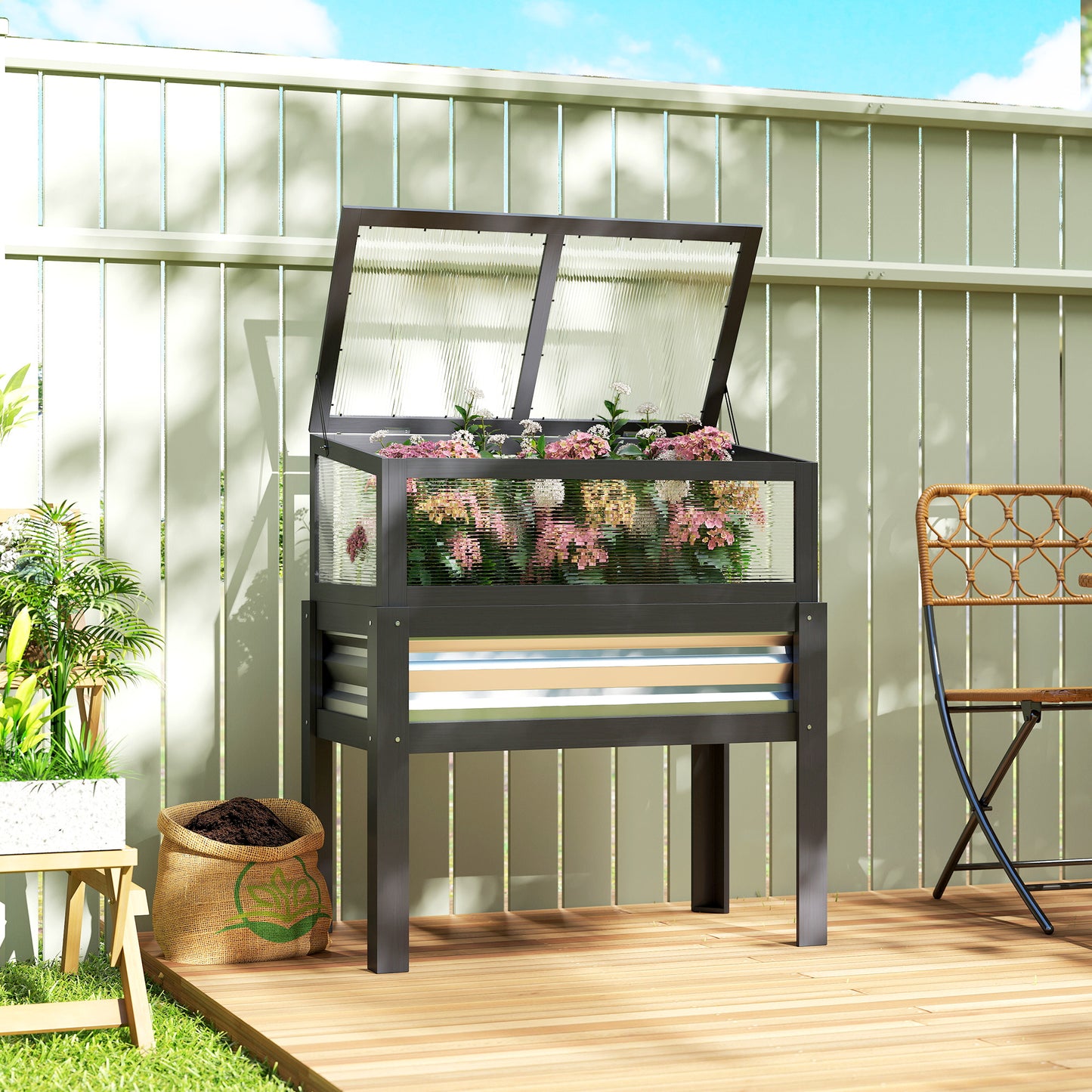 Raised Garden Bed with Flip-Up Greenhouse - Elevated Planter Box, Gray, 980x540x145mm