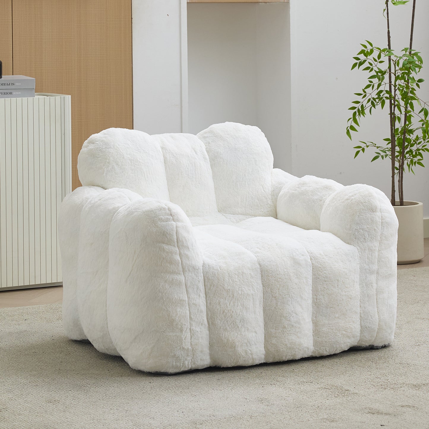 Adult Bean Bag Sofa with Pull Ring - White Faux Fur