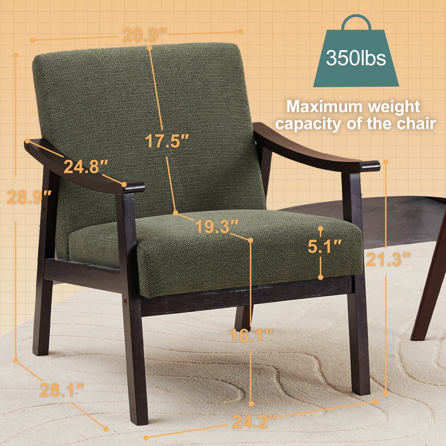 Antique Green High Back Armchair - Solid Wood Legs
