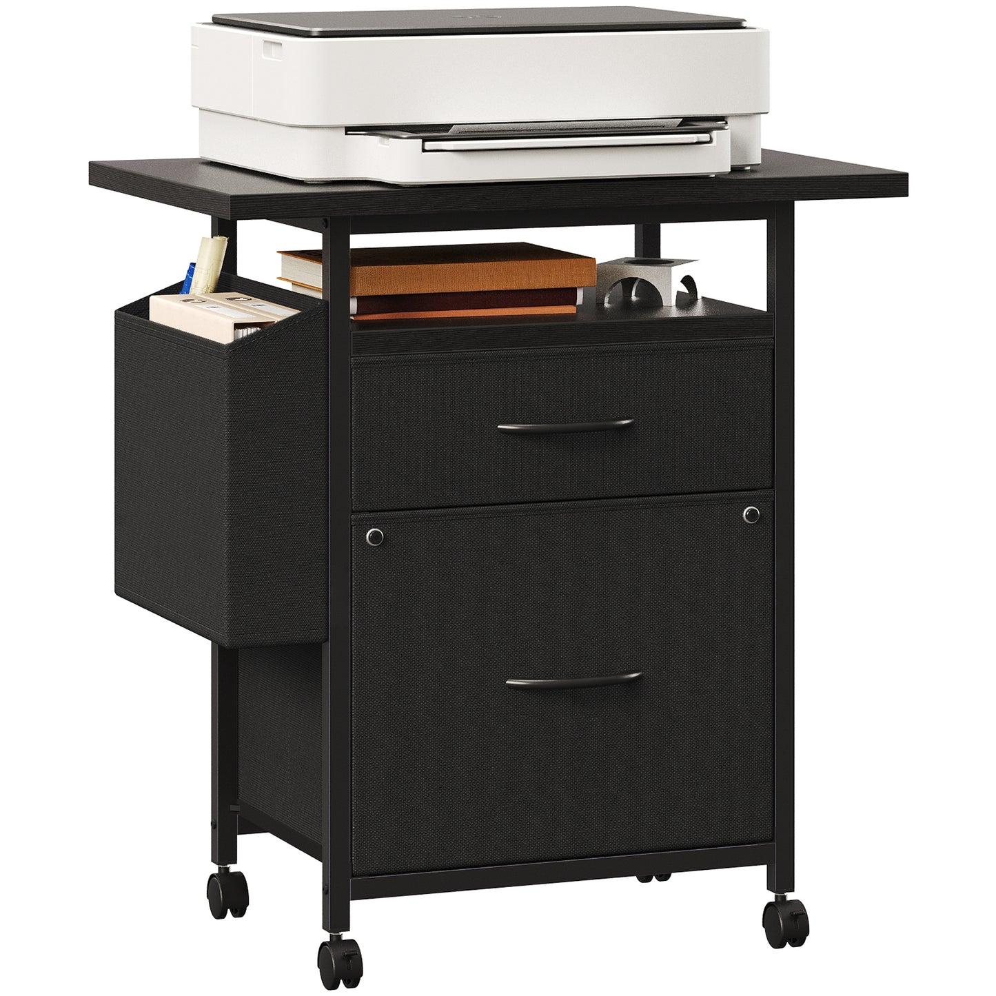 Rollable Filing Cabinet, Equipped With Drawers And Storage Shelves,