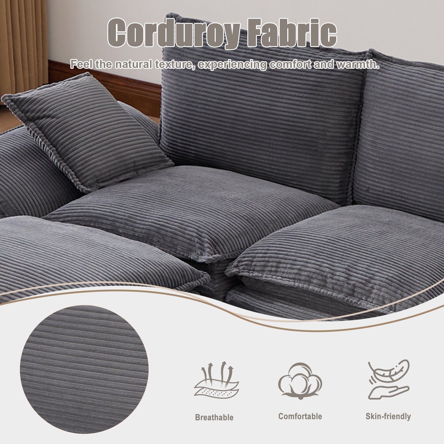Modular Sectional Cloud Sofa - Dark Gray Corduroy, Comfy Design