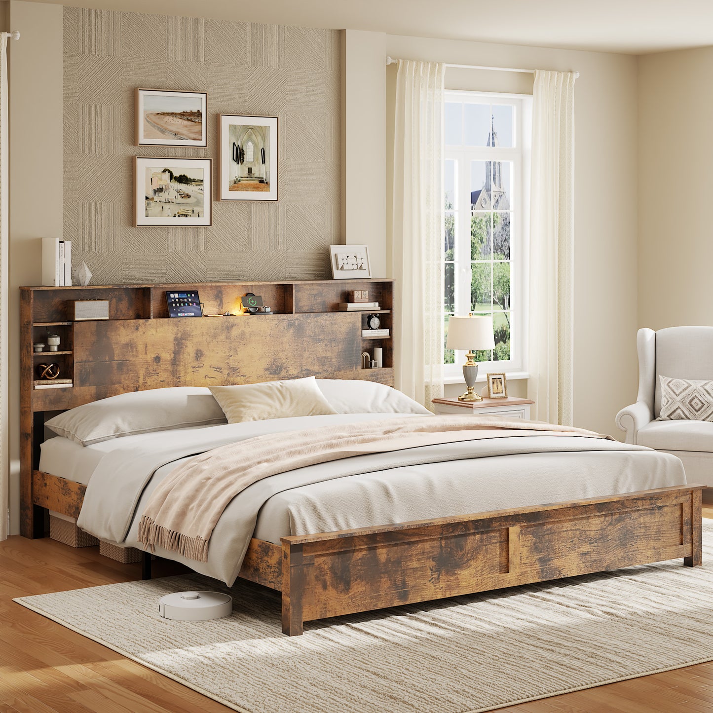 King Platform Bed Frame with Bookcase Headboard & LED Lighting