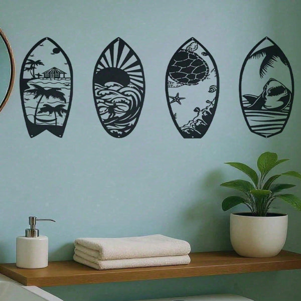4-Piece Metal Surfboard Wall Art Set - Coastal Decor