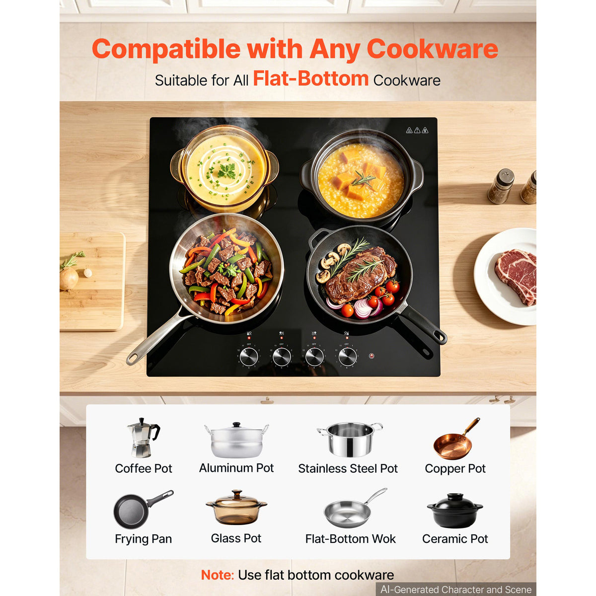 24-Inch Electric Cooktop with 4 Burners 6000W, Ceramic Built-In Stove, 11 Power Levels