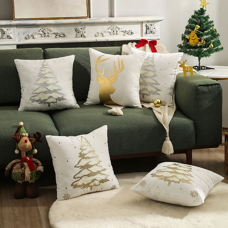 Embroidered Christmas Tree Pillowcase - Silver & Gold Holiday Cushion Cover
